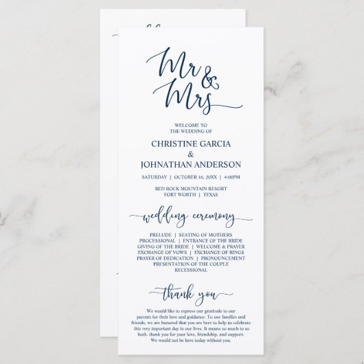 Elegant Navy Blue, Mr en Mrs Wedding Ceremonie Programmakaart (Voorkant / Achterkant)