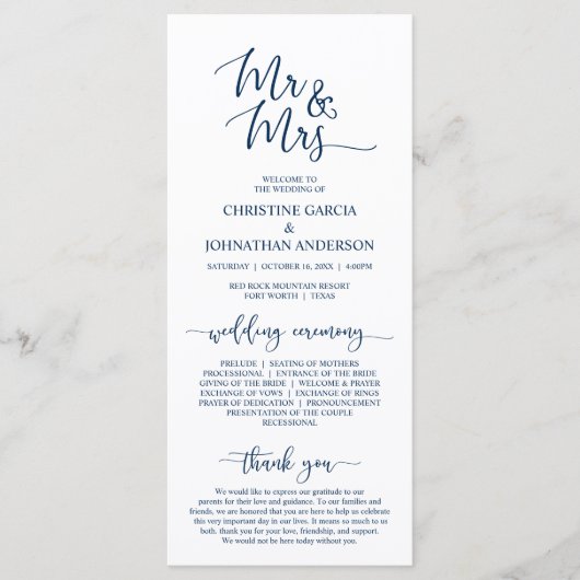 Elegant Navy Blue, Mr en Mrs Wedding Ceremonie Programmakaart (Voorkant)