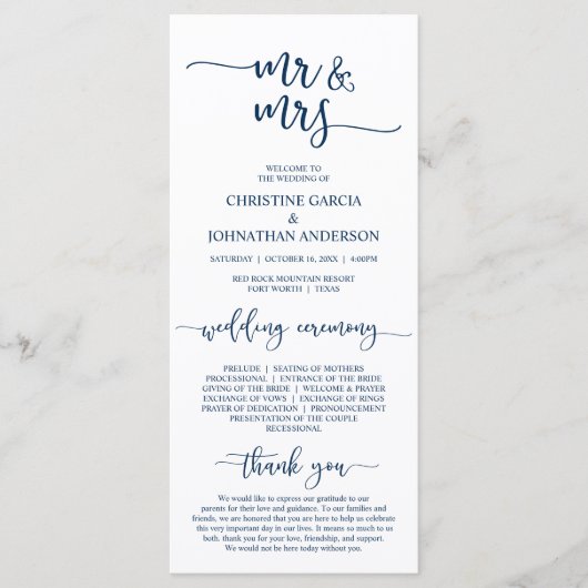 Elegant Navy Blue, Mr en Mrs Wedding Ceremonie Programmakaart (Voorkant)