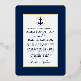 Elegant Navy Blue Nautical Anchor Wedding Gold Folie Uitnodiging