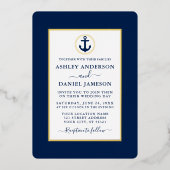 Elegant Navy Blue Nautical Anchor Wedding Gold Folie Uitnodiging (Voorkant)
