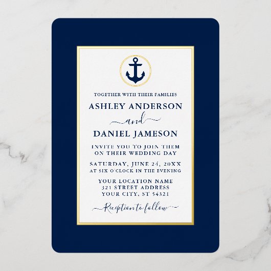 Elegant Navy Blue Nautical Anchor Wedding Gold Folie Uitnodiging (Voorkant)