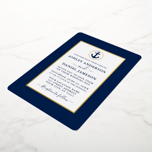 Elegant Navy Blue Nautical Anchor Wedding Gold Folie Uitnodiging (Gedraaid)