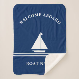 Elegant Navy Blue Nautical Boat Name Text Sherpa Deken