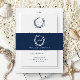 Elegant Navy Blue Nautical Coral Ref Wedding Uitnodigingen Wikkel