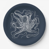 Elegant Navy Blue Octopus Illustration Papieren Bordje (Voorkant)