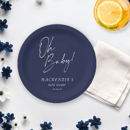 Elegant Navy Blue Oh Baby Baby shower Papieren Bordje