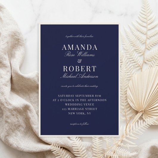 Elegant Navy Blue Old Money Wedding Kaart