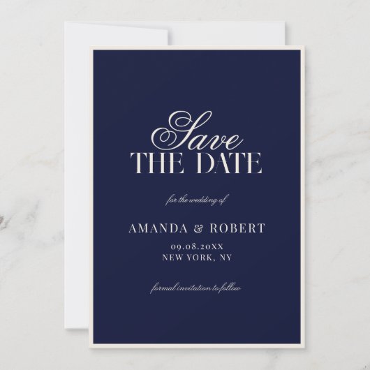 Elegant Navy Blue Old Money Wedding Save The Date (Voorkant)