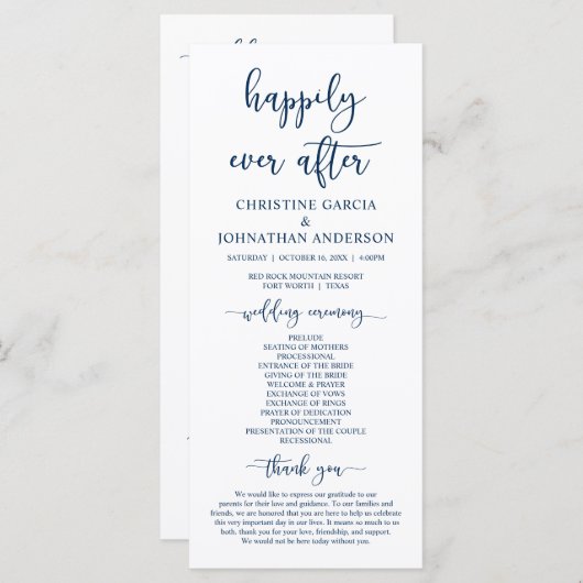 Elegant navy Blue, onze huwelijksceremonie Programmakaart (Voorkant / Achterkant)