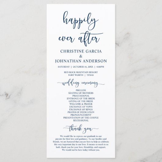 Elegant navy Blue, onze huwelijksceremonie Programmakaart (Voorkant)