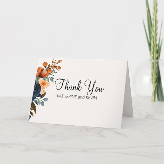 Elegant Navy Blue Oranje Waterverf Floral Bedankkaart (Voorkant)