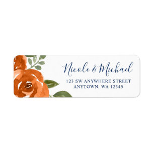 Elegant Navy Blue Oranje Waterverf Floral Etiket