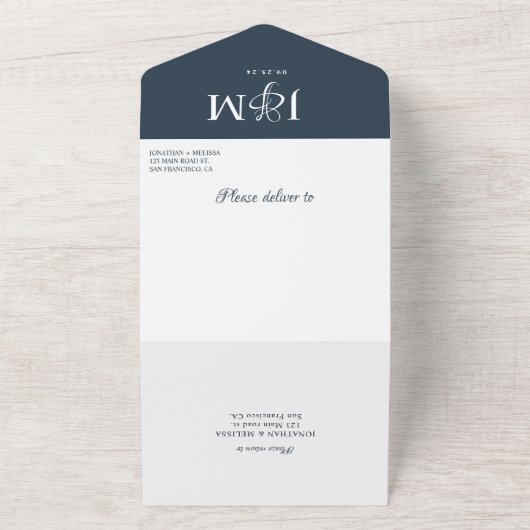 Elegant Navy Blue Overlay Photo Monogram Weddensch All In One Uitnodiging (Buitenkant)