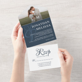 Elegant Navy Blue Overlay Photo Monogram Weddensch All In One Uitnodiging