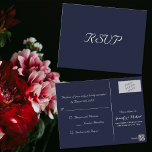 Elegant Navy Blue Party Trouwantwoord RSVP Briefkaart<br><div class="desc">Creëer uw eigen aangepaste, gepersonaliseerde, eenvoudige, elegante, marineblauwe aangepaste feest / evenement / speciale gelegenheid RSVP-uitnodigingskaart. Voer eenvoudig uw rsvp-datum, namen en adres in. Een elegante RSVP voor al uw vrienden en familie, voor elke gelegenheid, evenement, bijeenkomst, of het nu bruiloften, verjaardagsfeest, afstudeerfeest, jubileumvieringen, klassenreünies, bar / bat mitswa, recepties,...</div>