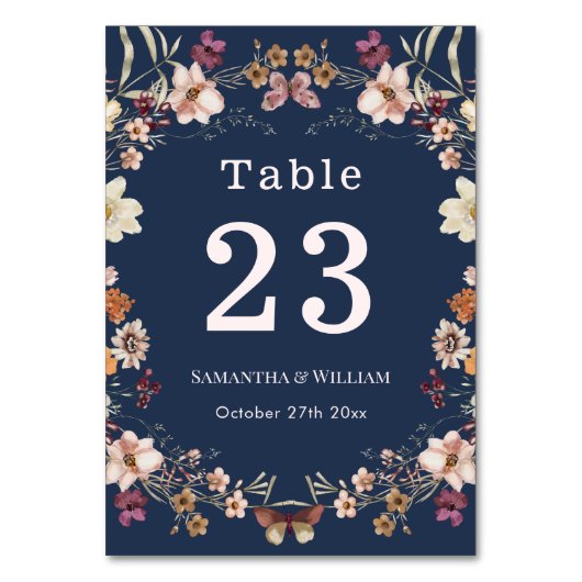 Elegant Navy Blue Pastel Wildflower Boho Wedding Kaart (Voorkant)