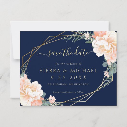 Elegant Navy Blue Peach Gold Floral Save the Date Kaart (Voorkant)
