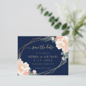 Elegant Navy Blue Peach Gold Floral Save the Date Kaart (Staand voorkant)