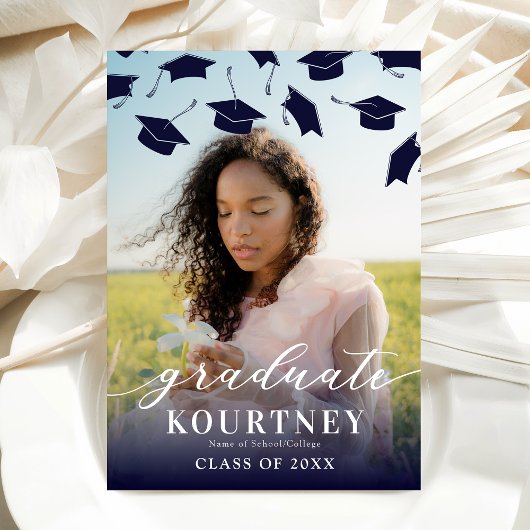 Elegant Navy Blue Photo Afstuderen Invitation Kaart