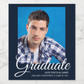 Elegant Navy Blue Photo Afstuderen Wijn Etiket (Enkel label)