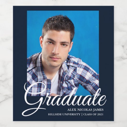 Elegant Navy Blue Photo Afstuderen Wijn Etiket (Enkel label)