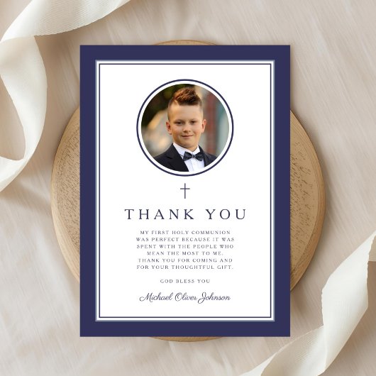 Elegant Navy Blue Photo Boy First Communion Bedankkaart