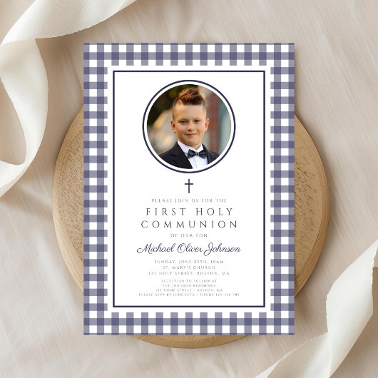 Elegant Navy Blue Photo Boy First Communion Kaart