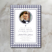 Elegant Navy Blue Photo Boy First Communion Kaart