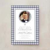 Elegant Navy Blue Photo Boy First Communion Kaart