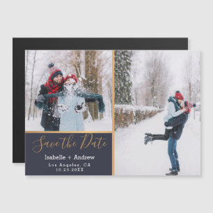 Elegant Navy Blue Photo Collage Gold Save the Date Magnetische Uitnodiging