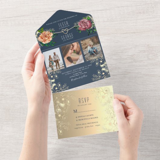 Elegant Navy Blue Photo Wedding Invitation All In One Uitnodiging (Afscheurbaar)