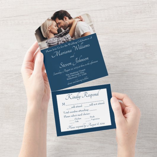 Elegant Navy Blue Photo Wedding Invitation All In One Uitnodiging (Afscheurbaar)
