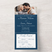 Elegant Navy Blue Photo Wedding Invitation All In One Uitnodiging (Binnen)