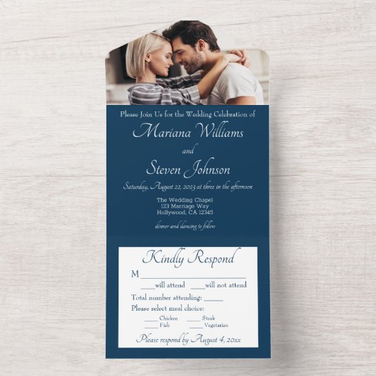 Elegant Navy Blue Photo Wedding Invitation All In One Uitnodiging (Binnen)