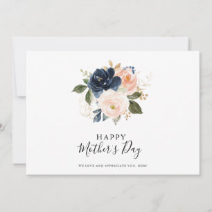 Elegant Navy Blue Pink Blush Floral Moederdag Kaart