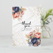 Elegant Navy Blue Pink Blush Gold Floral Wedding Bedankkaart (Staand voorkant)