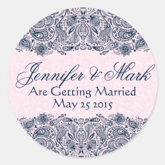 Elegant Navy Blue & Pinke Bloemen Paisley Kant Ronde Sticker (Voorkant)