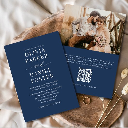 Elegant Navy Blue QR Code Foto bruiloft Kaart
