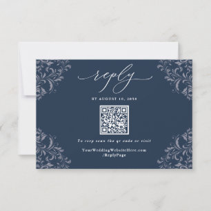 Elegant Navy Blue QR Code Vintage Wedding RSVP Ca Kaartje