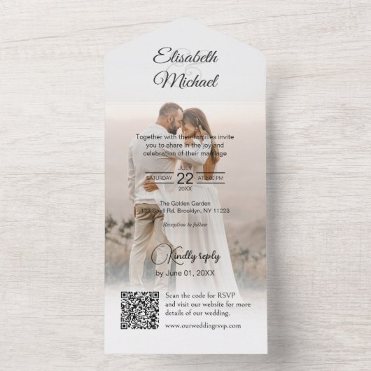 Elegant Navy Blue QR Code Website Foto Bruiloft All In One Uitnodiging (Binnen)