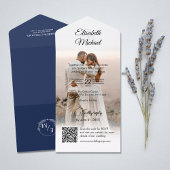 Elegant Navy Blue QR Code Website Foto Bruiloft All In One Uitnodiging