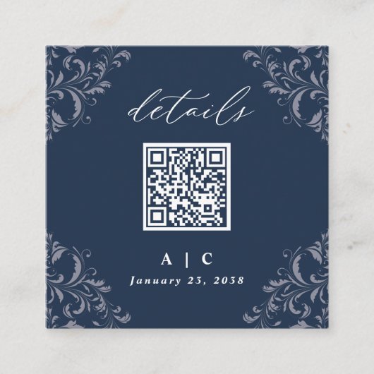 Elegant Navy Blue QR Code Wedding Details Enclosur Informatiekaartje (Voorkant)