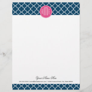 Elegant Navy Blue Quatrefoil met roze Monogram Briefhoofd