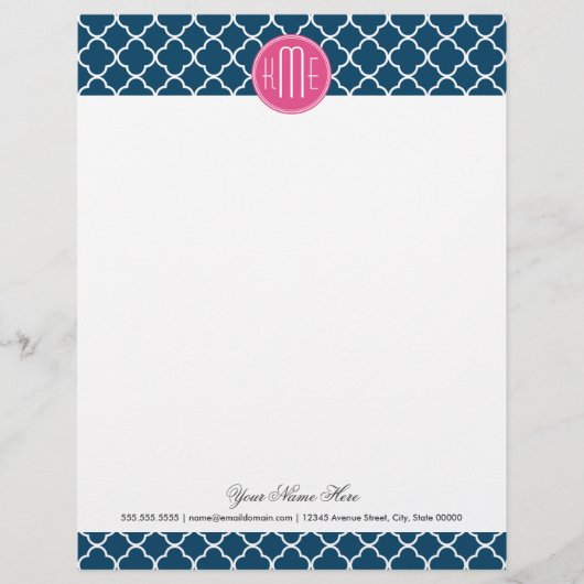 Elegant Navy Blue Quatrefoil met roze Monogram Briefhoofd (Voorkant)