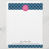 Elegant Navy Blue Quatrefoil met roze Monogram Briefhoofd (Voorkant / Achterkant)