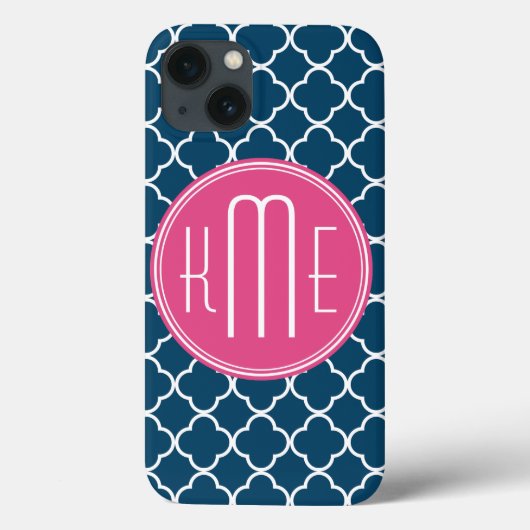 Elegant Navy Blue Quatrefoil met roze Monogram Case-Mate iPhone Case (Achterkant)