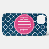 Elegant Navy Blue Quatrefoil met roze Monogram Case-Mate iPhone Case (Achterkant (horizontaal))