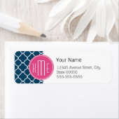 Elegant Navy Blue Quatrefoil met roze Monogram Etiket (Insitu)