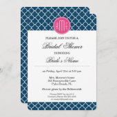 Elegant Navy Blue Quatrefoil met roze Monogram Kaart (Voorkant / Achterkant)